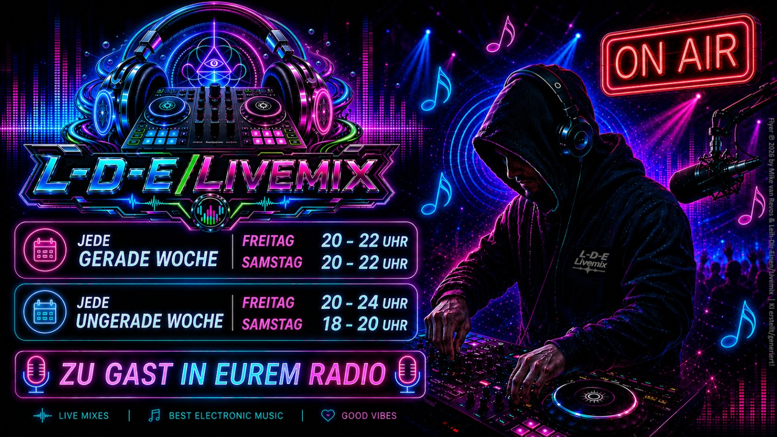 Flyer L-D-E Livemix im Neon-Look: DJ mit Kopfhörern am Controller, ON-AIR-Schild und Sendezeiten-Übersicht